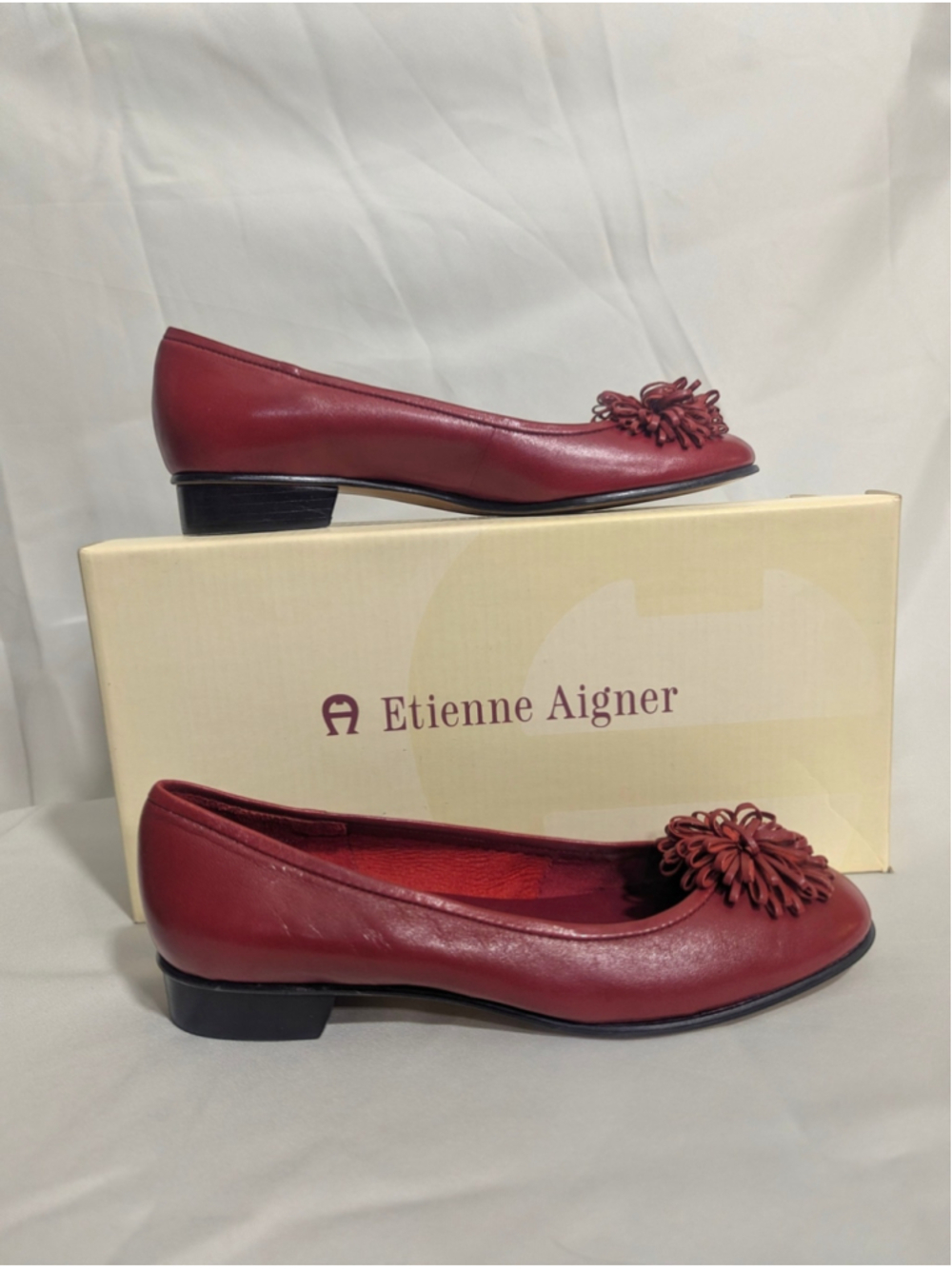 Etienne Aigner Vintage Pom Pom Dark Red Red Leather Flats Size 6.5 - Picture 6 of 12